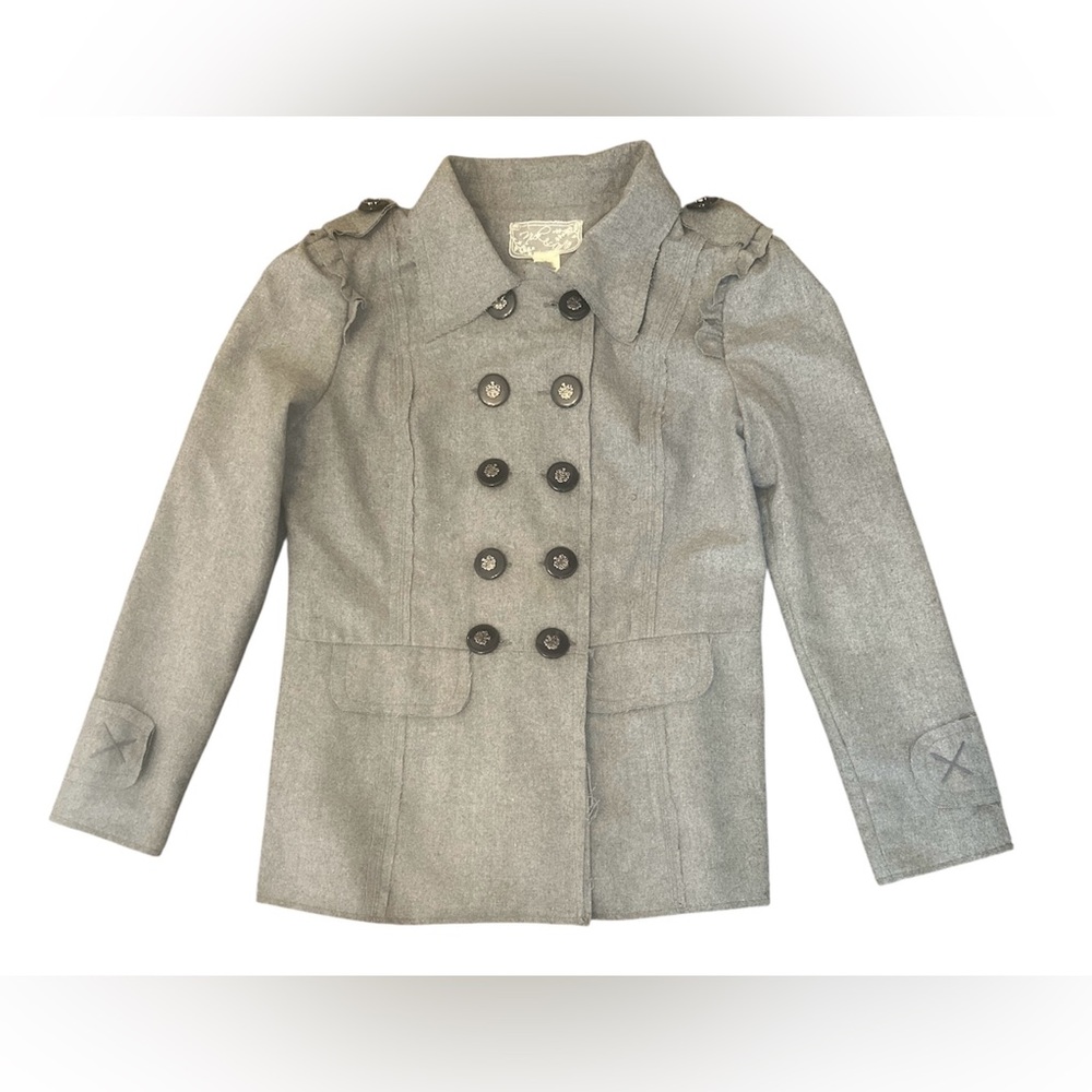 Nick Mo L Military Gray Wool Blazer Cara Coat Deconstruct Double Breast NWT $96